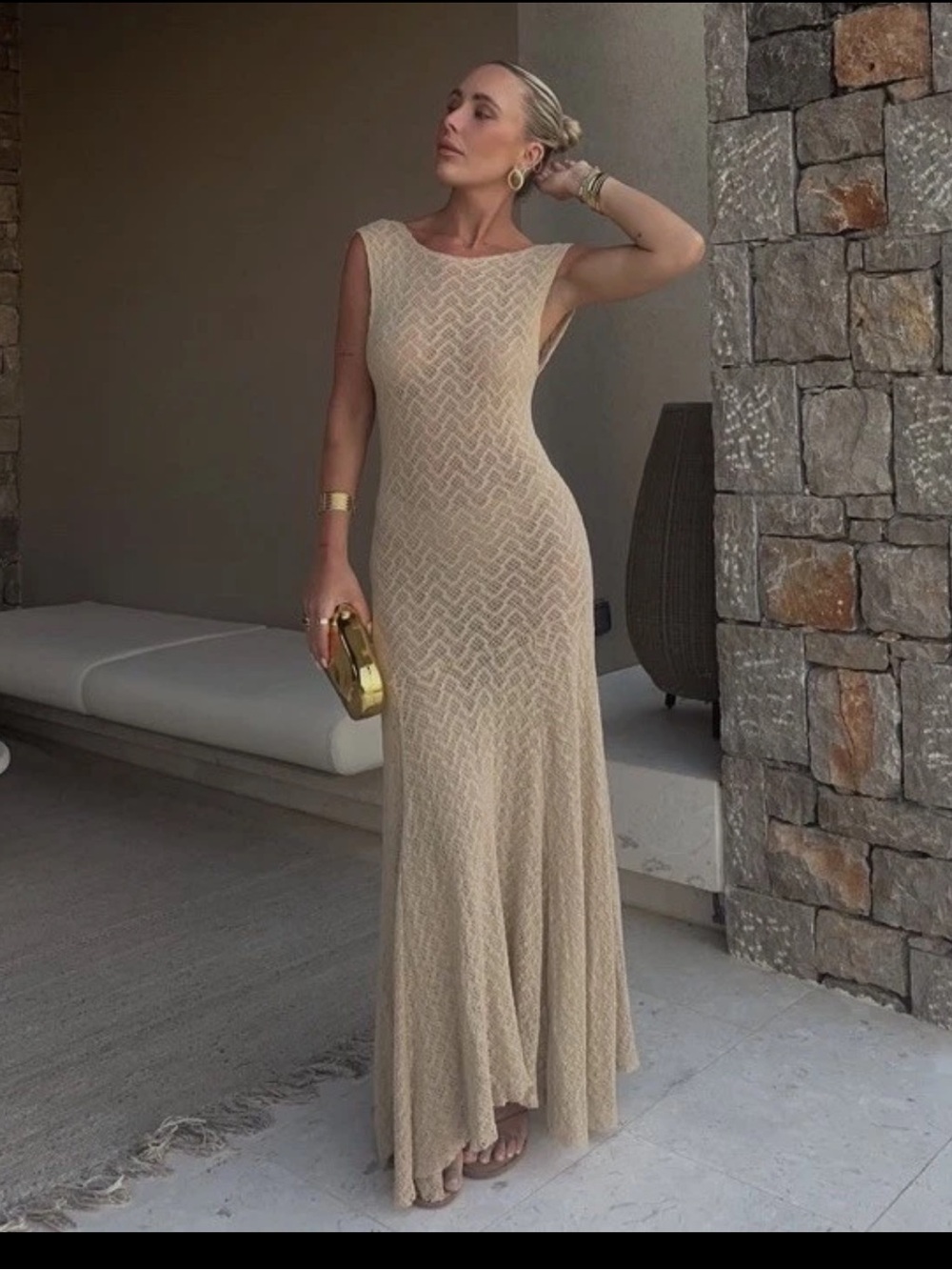 Zara Sleeveless Cream Textured Maxi Dress
